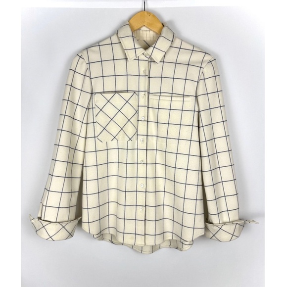 Derek Lam 10 Crosby Plaid Shirt Jacket in Beige • Navy Blue Grid Check • M - Picture 2 of 10
